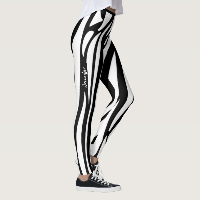 Monogram Blak & White Striped Zebra Pattern Trendy Leggings (Right)
