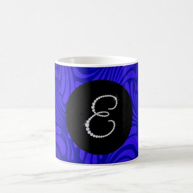 Monogram Bling Letter E Blue Swirl Background Coffee Mug (Center)