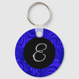 Monogram Bling Letter E Blue Swirl Background Key Ring