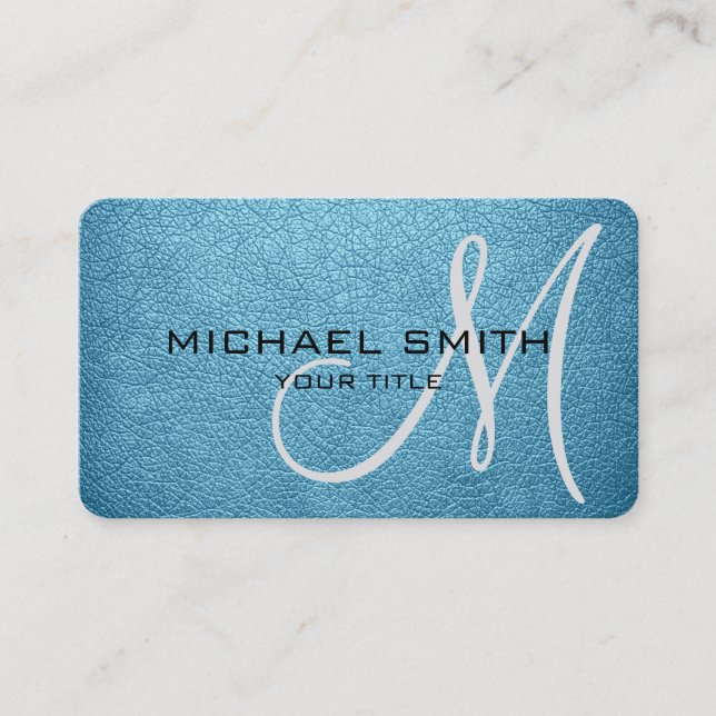 Monogram Blizzard Blue Leather Look Business Card (Front)