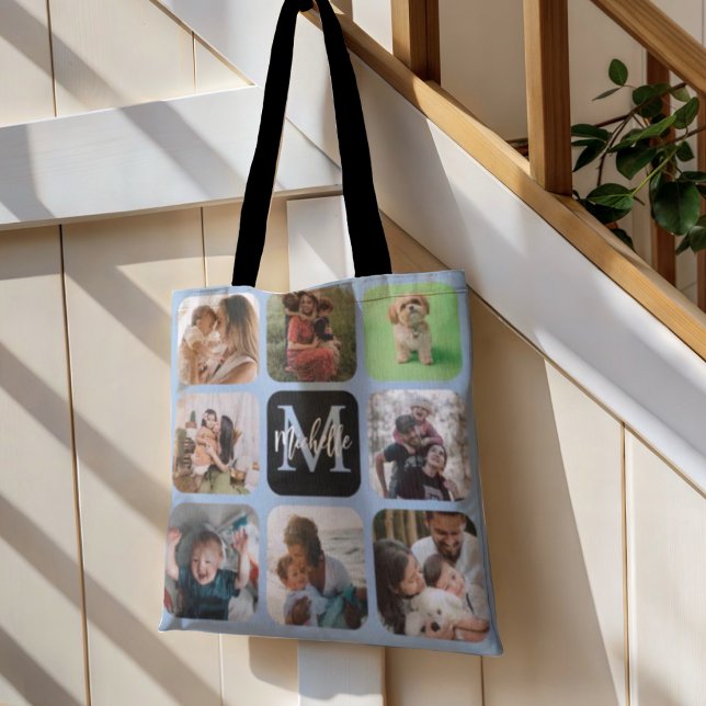 Monogram Blue 8 Photo Collage Tote Bag (Creator Uploaded)