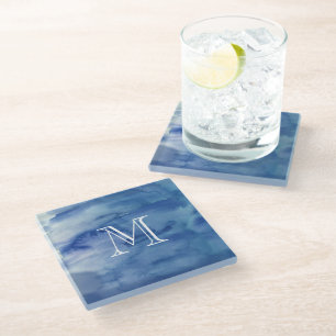 Monogram Blue Abstract Water Art Watercolor Glass Coaster