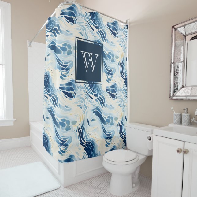 Monogram Blue Abstract Waves Beach Pattern Shower Curtain (In Situ)