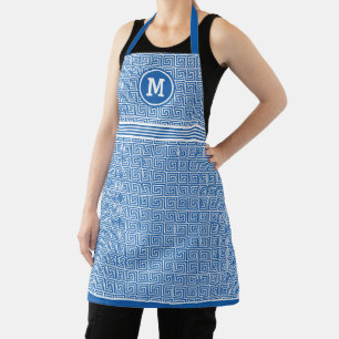 Monogram Blue Ancient Greek Key Meander Pattern Apron