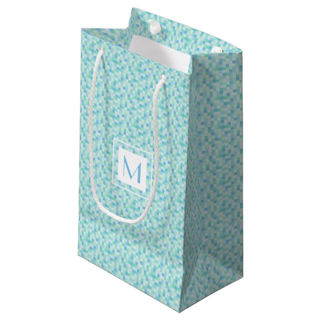 Monogram Blue and Aqua Blue Squares Small Gift Bag (Front Angled)