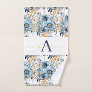 Monogram Blue and Gold Floral Elegant Towel Set
