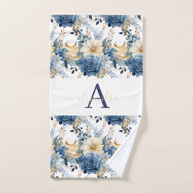 Monogram Blue and Gold Floral Elegant Towel Set (Hand Towel)