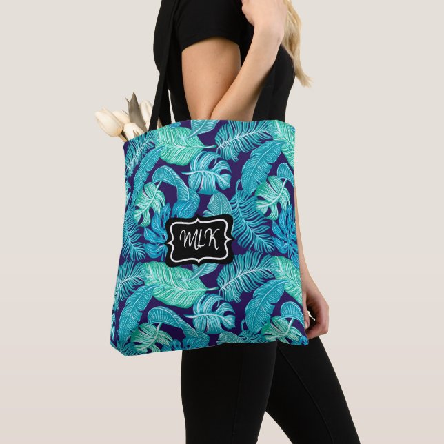 Monogram Blue and Green Tropical Leaves on Black Tote Bag (Close Up)
