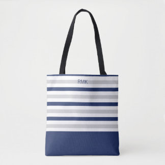 Monogram Blue and Grey Stripe Tote Bag