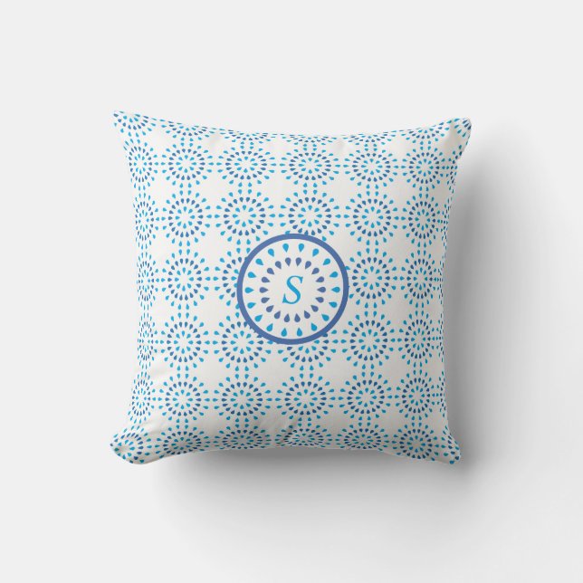 Monogram Blue and White Abstract Geometric Design Cushion (Front)