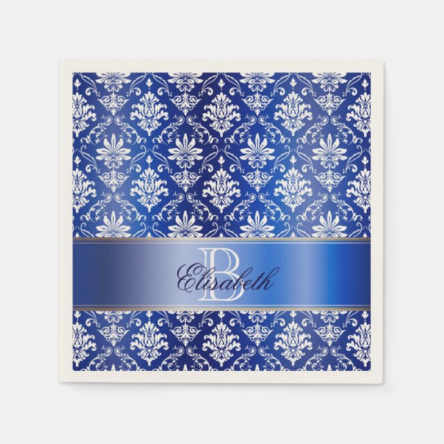 Monogram Blue and White Damask Napkin (Front)