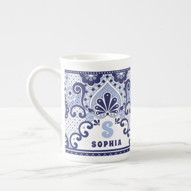 Monogram Blue and White Mexican Talavera Tile Bone China Mug (Left)