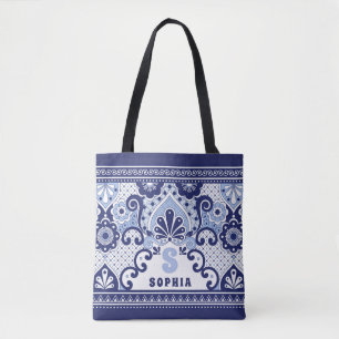 Monogram Blue and White Mexican Talavera Tile Tote Bag