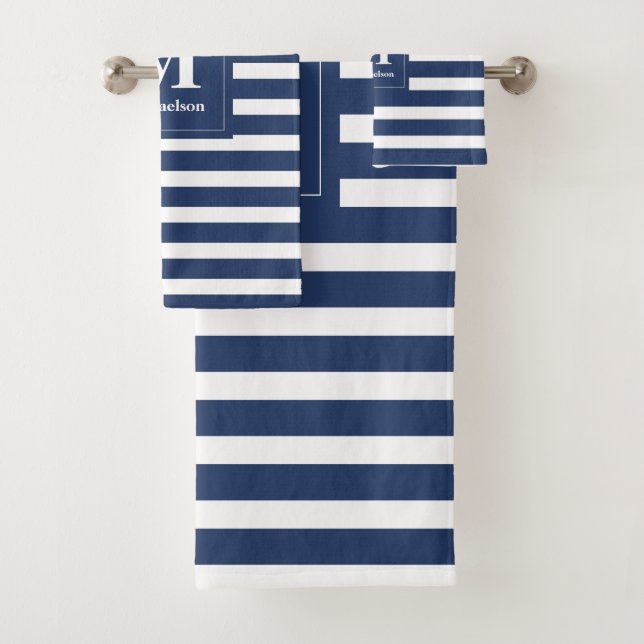 Monogram Blue and White Striped Pattern Bath Towel Set (Insitu)
