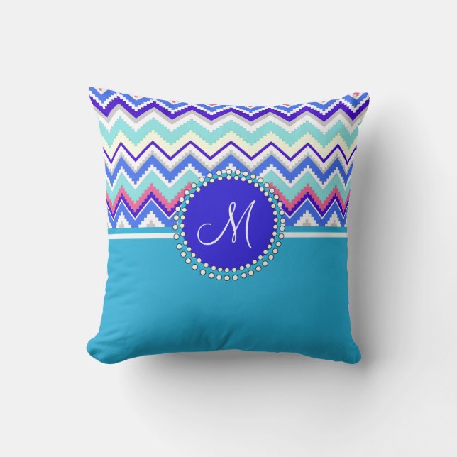 Monogram Blue Aztec Andes Chevron Zig Zags Cushion (Front)