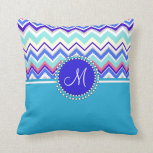 Monogram Blue Aztec Andes Chevron Zig Zags Cushion