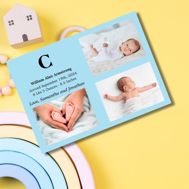 Monogram Blue Baby Boy Birth Announcement Card (Creator Uploaded)