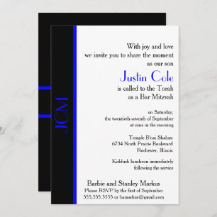 Monogram Blue Black Bar Mitzvah Invitation