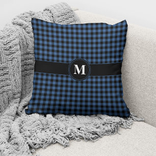 Monogram Blue & Black Gingham Plaid Checks Pattern Cushion