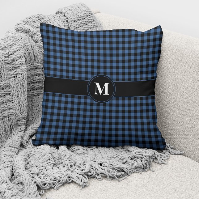 Monogram Blue & Black Gingham Plaid Checks Pattern Cushion (Creator Uploaded)