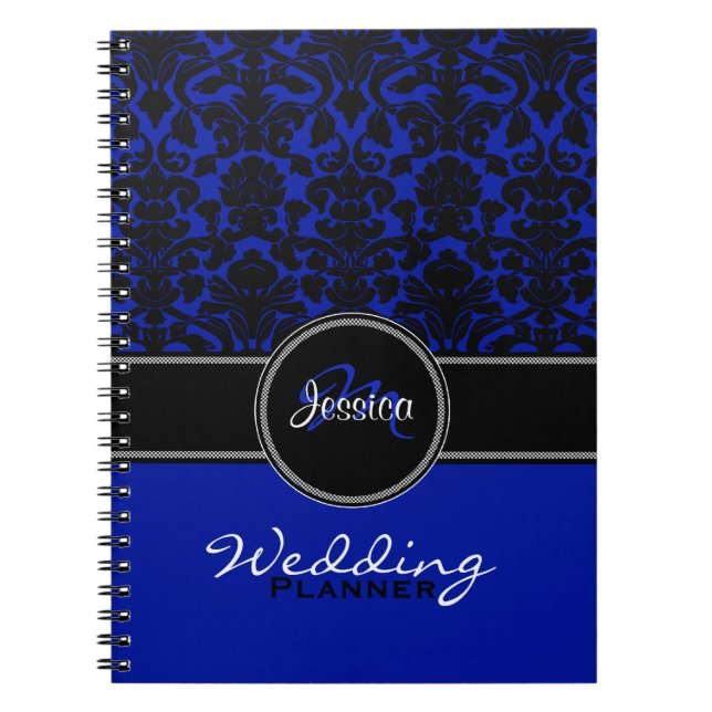 Monogram Blue Black White Damask Wedding Planner Notebook (Front)