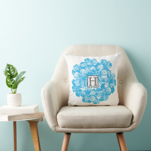 Monogram Blue Botanical Hydrangea Flower Blossoms Cushion