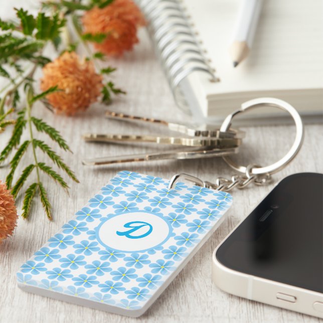 monogram blue botanical initial custom key ring (Front Right)