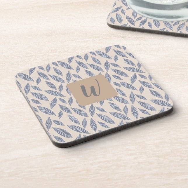 Monogram Blue Botanical Leaves Beverage Coaster (Left Side)