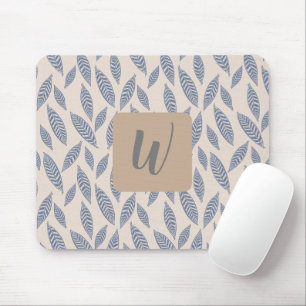 Monogram Blue Botanical Leaves Mouse Pad