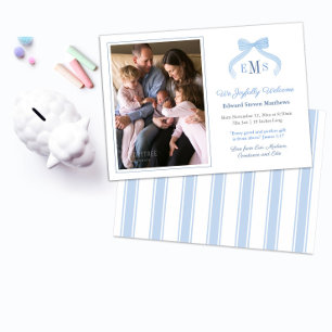 Monogram Blue Bow Welcome Baby Boy Photo Announcement