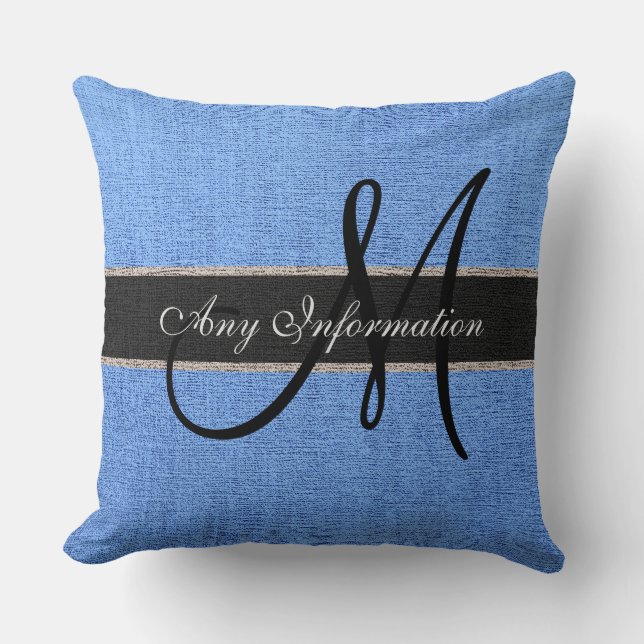 Monogram Blue Burlap Rustic Jute Cushion (Front)