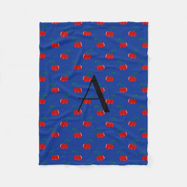Monogram blue cherry pattern fleece blanket (Front)