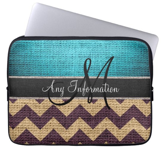 Monogram Blue Chevron Zigzag Burlap Jute Laptop Sleeve