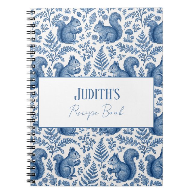 Monogram Blue Chinoiserie Squirrel Woodland Recipe Notebook (Front)