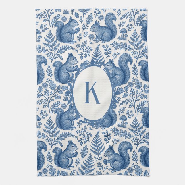 Monogram Blue Chinoiserie Squirrel Woodland Tea Towel (Vertical)