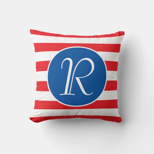 Monogram Blue Circle | Red & White Stripe Cushion (Front)
