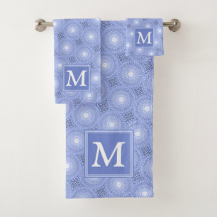 Monogram blue circles pattern bath towel set