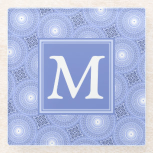 Monogram blue circles pattern glass coaster