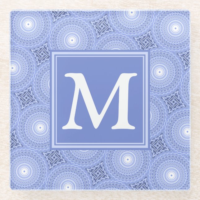 Monogram blue circles pattern glass coaster (Front)