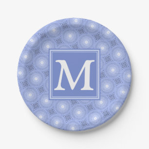 Monogram blue circles pattern paper plate