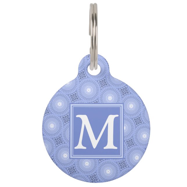 Monogram blue circles pattern pet tag (Front)
