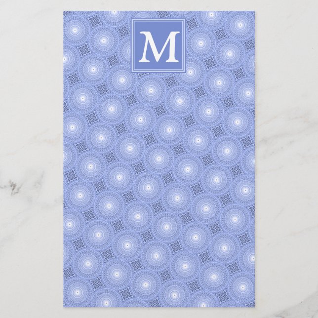 Monogram blue circles pattern stationery (Front)