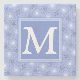 Monogram blue circles pattern stone coaster