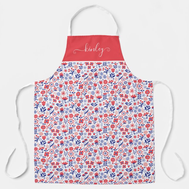 Monogram | Blue & Coral Floral Pattern Apron (Front)