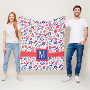 Monogram Blue & Coral Floral Pattern Fleece Blanket