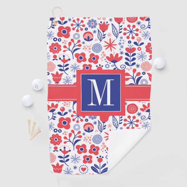Monogram | Blue & Coral Floral Pattern Golf Towel (InSitu)