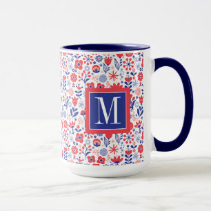 Monogram   Blue & Coral Floral Pattern Mug