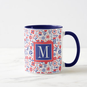 Monogram Blue & Coral Floral Pattern Mug