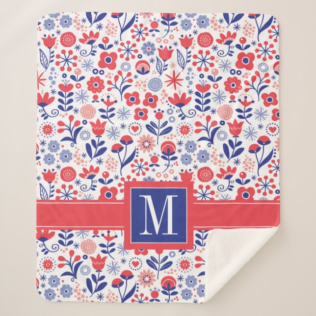 Monogram | Blue & Coral Floral Pattern Sherpa Blanket (Front)