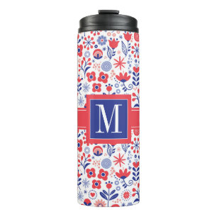 Monogram Blue & Coral Floral Pattern Thermal Tumbler